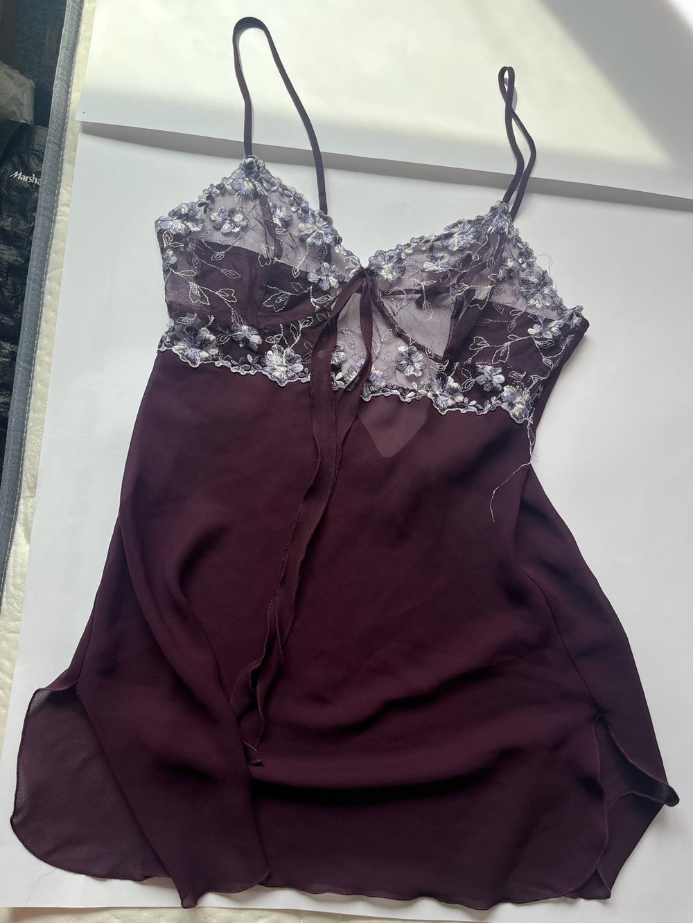 Sheer Lace-Accented Slip Nightdress in Deep Plum
